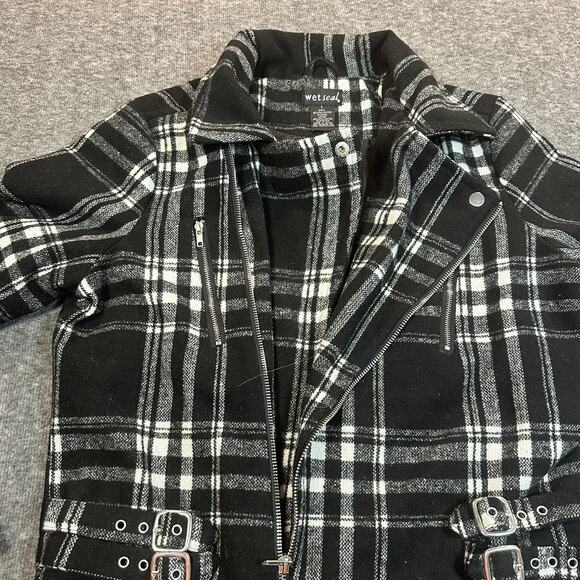 Wet Seal Jacket Womens Large Black White Plaid Wool Blend Zip Front Pockets - Picture 6 of 10